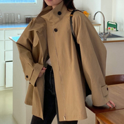 韩国chic秋季复古英伦风立领拉链双口袋设计宽松休闲长袖风衣外套