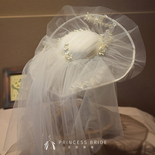 王妃原创白色花枝连纱新娘优雅法式大花帽拍照婚纱礼服样片帽