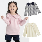 日系女童春秋季纯棉娃娃，领t恤女宝，纯色条纹长袖上衣儿童打底衫