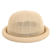 日系小圆帽夏季透气百搭卷边帽子女士夏季圆顶卡其色时尚礼帽凉帽