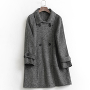 g024纯色双排扣宽松翻领，长袖双面呢子外套，冬季长款女毛呢大衣