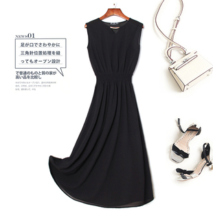 无袖连衣裙日系女夏季连身裙雪纺法式收腰显瘦黑色裙子赫本风