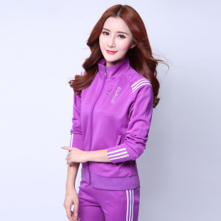 女式春秋紫色运动服，韩版修身玫红色女秋长袖，大码晨练休闲运动套装
