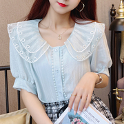 欧根纱双层娃娃领短袖衬衫女装夏季法式褶皱棉麻白色衬衣上衣