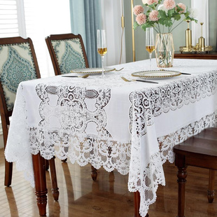 唯米99民族风麻质复古蕾丝镂空家用餐桌布纯白色长方形茶几布桌垫
