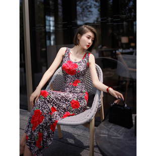 xulu原创针织印花复古豹纹玫瑰，性感优雅小众，气质无袖u型领连衣裙