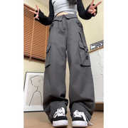 美式复古灰色工装裤子女夏季hiphop小众设计感宽松直筒高街阔腿裤