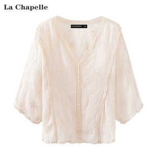 拉夏贝尔/La Chapelle夏季法式V领刺绣衬衫女蝙蝠袖蕾丝上衣