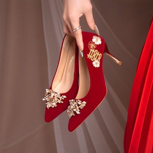 红色中式刺绣秀禾婚鞋女2024尖头浅口高跟鞋不累脚细跟单鞋女
