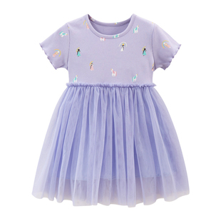 女童紫色网纱连衣裙宝宝短袖公主，裙儿童纯棉夏装，小童梦幻蛋糕裙子