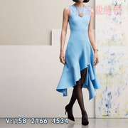 女士设计师款蓝色连衣裙无袖款成熟与魅力下摆的不规则显腰身手工