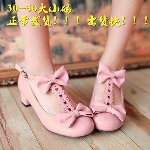 蝴蝶结镂空T型绑带粉红色伴娘女大童皮鞋米白中粗跟扣带单鞋大码
