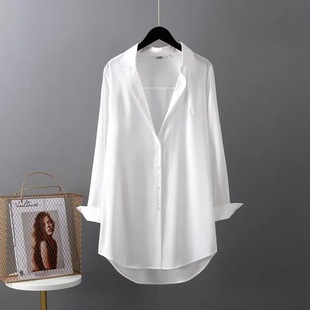 白中长款雪纺衬衫，女2023年春夏秋季性感衬衣，打底宽松长袖上衣