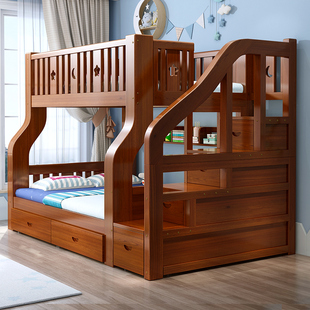 上下床高低实木儿童滑梯床二层组合上下铺衣柜，双层床全实木子母床