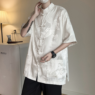 新中式提花衬衫男夏季宽松垂感冰丝，短袖衬衣潮，流痞帅唐装半袖外套