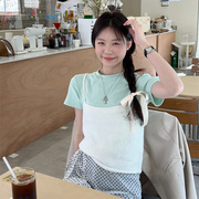 薄荷绿短袖t恤韩系，ins少女减龄小个子浅绿色上衣短款圆领叠穿打底