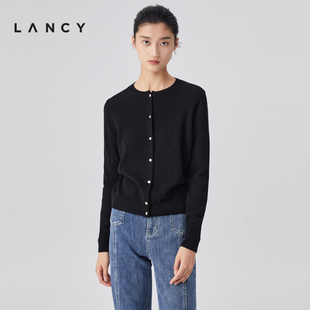 lancy朗姿早春圆领，羊绒羊毛针织开衫，宽松长袖软糯毛衣女