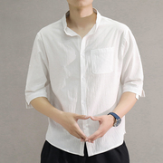 男士亚麻短袖衬衫夏天七分袖，青年夏装韩版休闲棉麻料衬衣男装衣服