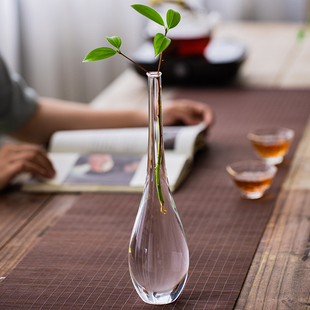 日式玻璃花瓶透明水养禅意，中式小窄口摆件客厅，插花水培花器富贵竹
