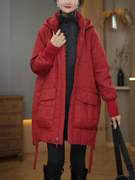 2024秋冬装长袖棉衣女士韩版宽松休闲拼接中长款红色棉服外套