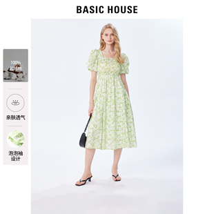 Basic House/百家好泡泡袖绿色连衣裙女2024夏季印花方领裙子