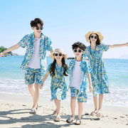 沙滩度假亲子装一家三口父子母子全家装衬衫套装洋气母女连衣裙潮