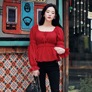 韩国东大门进口方领收腰喇叭袖泡泡纱可爱长袖衬衫大红色现