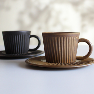 复古北欧风条纹陶瓷，咖啡杯套装带碟勺创意，简约咖啡杯套具马克杯