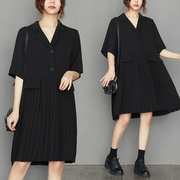 西装连衣裙女夏季2023大码设计感收腰显瘦气质短袖百褶小黑裙