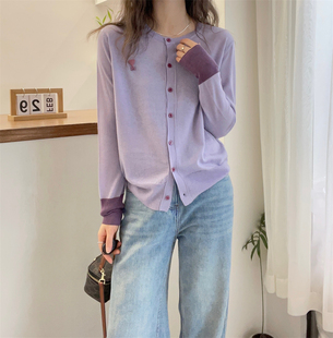 浅紫色拼色细羊毛针织开衫，女欧洲站2024春装，休闲百搭薄款外套