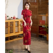 老上海复古中国风宽边红长款短袖旗袍，2023春夏中老年婚宴旗袍