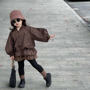 女童外套23秋季韩版儿童蕾丝，下摆风衣中小童，时髦夹克拉链开衫
