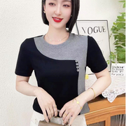 夏季时尚圆领拼色短袖上衣女洋气妈妈装休闲减龄显瘦韩版T恤