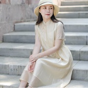 夏季天丝高腰刺绣短袖连衣裙女 复古中式小个子纯色套头中长裙子