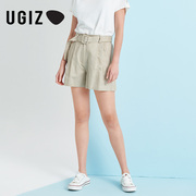 ugiz夏季韩版女装时尚棉麻，薄款直筒高腰，休闲短裤女ubpd420