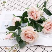 欧式5头圆白玫瑰仿真花拍摄道具 家居装饰婚庆仿真绢布玫瑰花