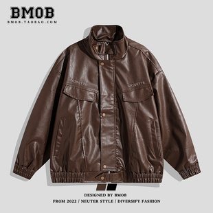 bmob美式复古嘻哈pu皮外套，男潮牌街头机车，立领皮衣宽松休闲潮夹克