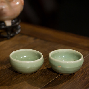 明代 龙泉窑梅子青釉杯（一对）老物件文玩古董瓷器收藏杯子摆件