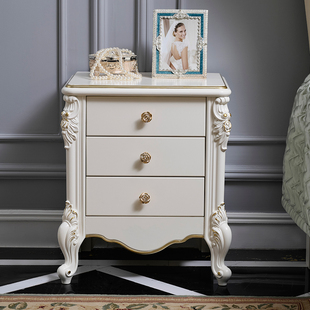 欧式床头柜卧室简约现代多功能，白色描金实木雕花，法式浪漫储物柜子