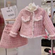 女童加厚加棉格子休闲套装2024冬装女宝宝短款外套短裙韩版两件套