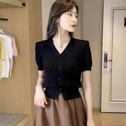 韩国黑色短袖T恤女夏季2024洋气减龄高级感短款针织开衫上衣