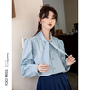 蓝色兔兔领衬衫女春秋法式复古宫廷风上衣，气质百搭泡泡袖衬衣
