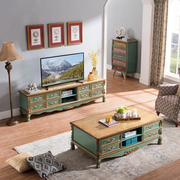 实木美式电视柜复古做旧茶几组合小户型家用客厅绿色2米地柜整装