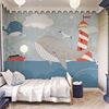 北欧风卡通海豚儿童，房墙纸男孩女孩卧室，床头壁布环保定制壁画墙布