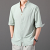 男士棉麻衬衫短袖2023年薄款七分袖衬衣，夏季亚麻休闲青年男装