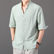 男士棉麻衬衫短袖2024年薄款七分袖，衬衣夏季亚麻休闲青年男装