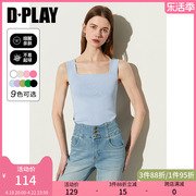 DPLAY2024夏方领蓝色背心复古外穿吊带背心内搭女针织衫上衣