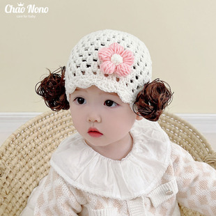 婴儿假发帽子女宝宝护囟门帽，春夏韩版洋气公主，手工儿童编织毛线帽