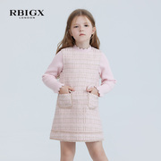 rbigx瑞比克女童秋装粉色，公主百搭甜美小香风连衣裙