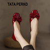 tataperko联名红色真皮船鞋女单鞋，蝴蝶结平底喜婆婆鞋新娘结婚鞋